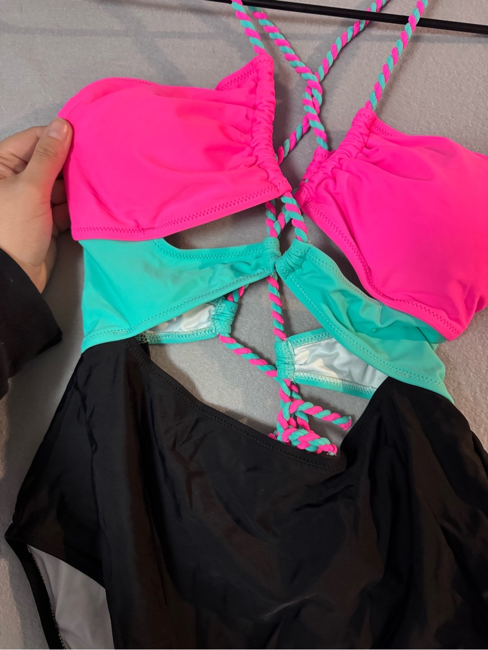 Colorblock One-Piece Swimsuit in Hot Pink, Teal & Black Womens Large - Picture 2 of 5